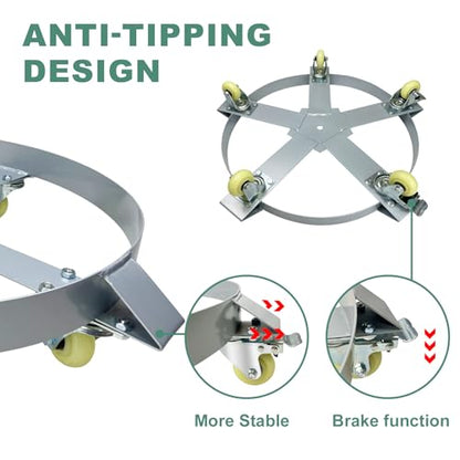 55 Gallon Drum Dolly, 1250lbs Load Capacity 55 Gallon Barrel Dolly Cart Drum Caddy with 5 Swivel Casters Wheel, Non Tipping Hand Truck Capacity Dollies for Warehouse Drum Handling (Silver Gray) - size: 55 Gallon 5 Wheels
