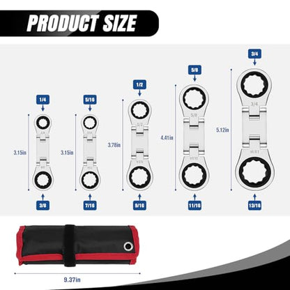 LOSCHEN 5-Piece Flex-Head Stubby Ratcheting Combination Wrench Set, Mini Double Box End, SAE 1/4 3/8 5/16 7/16 1/2 9/16 11/16 5/8 3/4 13/16, 72-Teeth, CR-V Steel - size: SAE