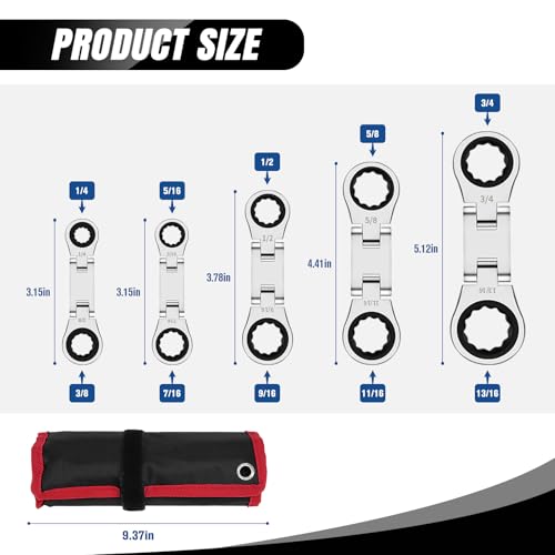 LOSCHEN 5-Piece Flex-Head Stubby Ratcheting Combination Wrench Set, Mini Double Box End, SAE 1/4 3/8 5/16 7/16 1/2 9/16 11/16 5/8 3/4 13/16, 72-Teeth, CR-V Steel - size: SAE