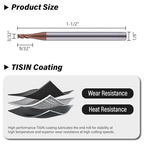 3/32" Carbide Square End Mills Set 4 Flute HRC55 TISIN Coating 3PCS - size: 3/32 in