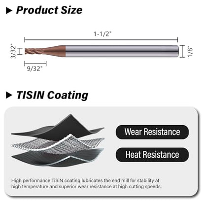 3/32" Carbide Square End Mills Set 4 Flute HRC55 TISIN Coating 3PCS - size: 3/32 in