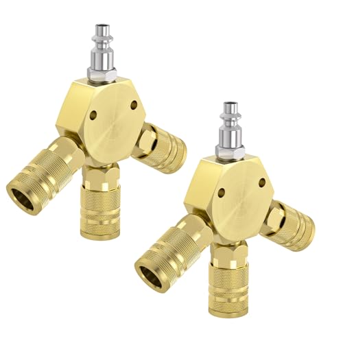 GASHER 1/4" basic body size Aluminum Hex Style 3-Way Air Manifold with 3 Pieces Steel Industrial Coupler and Plug, Air Compressor manifold Hose Accessories Quick Connect Fittings (2-Pack) - style: YELLOW 2PCS