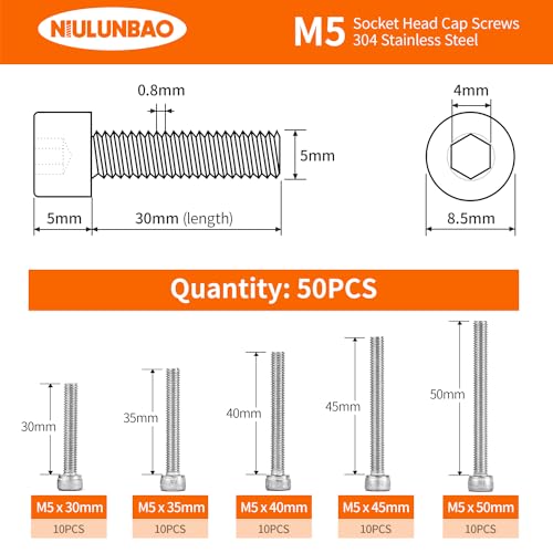 M5 x 30mm 35mm 40mm 45mm 50mm Hex Socket Head Cap Screws Bolts 304 Stainless Steel Allen Hex Drive Metric Machine, Fully Threaded, Assortment Kit 50PCS - size: M5 x 30/35/40/45/50mm (50PCS)