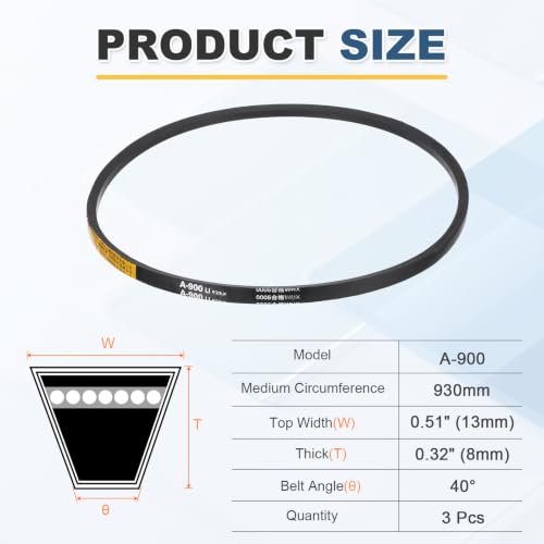 uxcell 3Pcs A900 Rubber V-Belt, 900mm Li x 13mm W x 8mm T, Classic Wrapped - size: A900