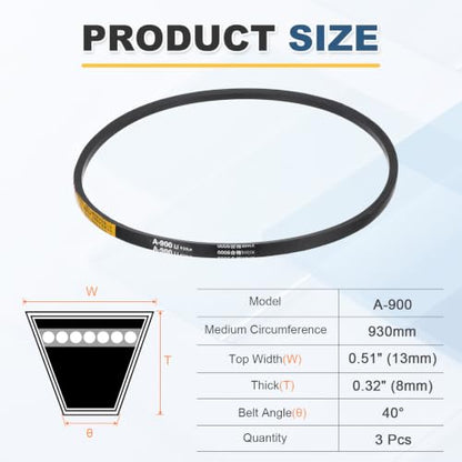 uxcell 3Pcs A900 Rubber V-Belt, 900mm Li x 13mm W x 8mm T, Classic Wrapped - size: A900