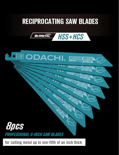 ODACHI 6 Inch Reciprocating Saw Blade for Thick Metal, Rebar and Sheet, Bi-Metal Cobalt Sawzall Blades 18TPl 8-Pack - style: 8 Pcs 6 Inch 18 TPI Reciprocating Saw Blades