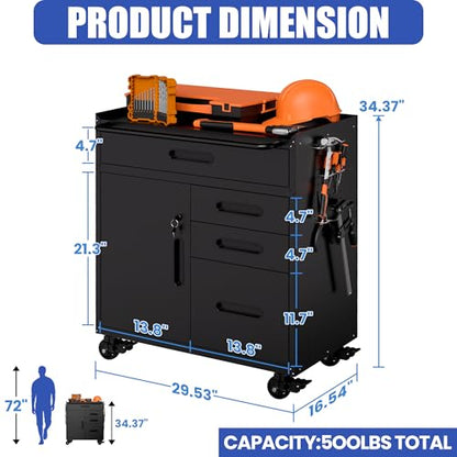 Metal Mobile Tool Storage Cabinet with 4 Drawer and 1 Locking Door - color: Black, style: 4 drawers 1 door with wheels