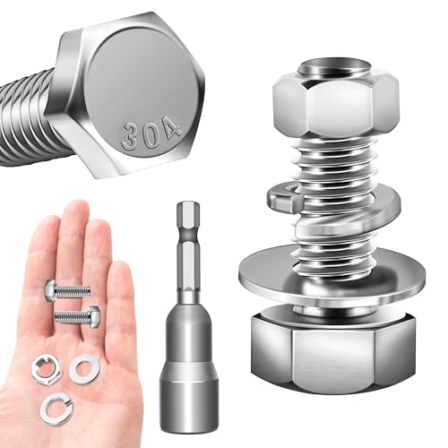 (10 Sets) 3/8-16 x 1, 3/8 Bolt Hex Head Screws, Assorted Screws Nuts and Bolts with Flat & Lock Washers, 304 Stainless Steel 18-8, 3/8 Bolts and Nuts Set by Marysino - color: (Silver)-3/8, size: 1"