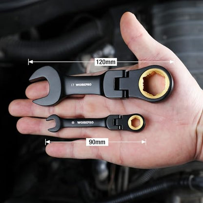 WORKPRO 8-Piece Stubby Flex-Head Ratcheting Wrench Set, Metric 8-17mm - size: Metric, style: Black electroplating coating