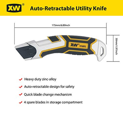 XW Auto-Retractable Safety Utility Knife, Box Cutter of Quick Blade Change, 4 Spare Blades Storage in Handle