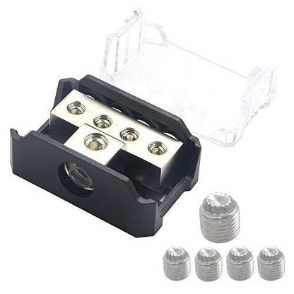 4 Way Power Distribution Block, 1x 0/2/4 AWG Gauge in / 4X 4/8/10 Gauge Out Amp Power Distribution Ground Distributor Connecting Block for Car Amplifier Audio Splitter 2 Pack
