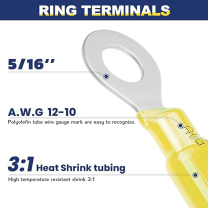 haisstronica 80PCS Heat Shrink Ring Terminals, 12-10 AWG, 5/16 in, Yellow - color: Yellow, size: Ring 5/16"