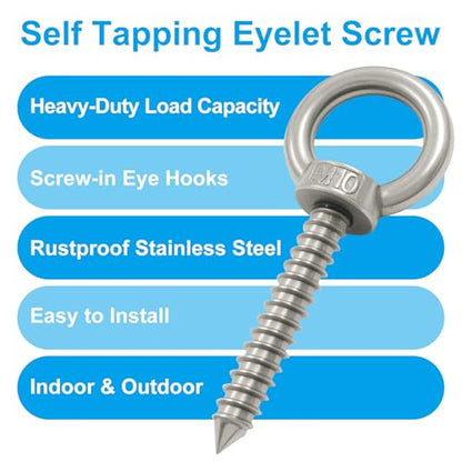 4pcs Heavy Duty Screw Eye Hooks M10-4 Inch Self Tapping Stainless Steel Eyelet Screw with 500 LBS Load Capacity for Hanging, Hammock & Swing Chair - size: 4 Inch
