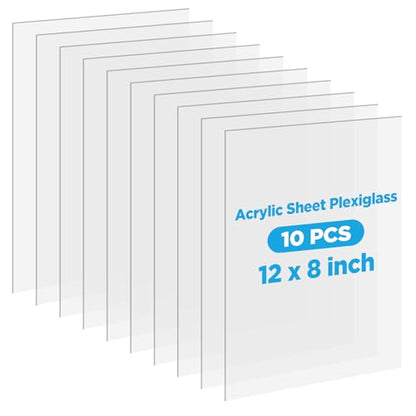 10 Pack Clear Acrylic Sheets, 12x8 Inch 0.08” Thick (2mm) Transparent Plastic Plexi Glass Boards for Laser Engraving Cutting Crafting DIY Projects Display Case Sign