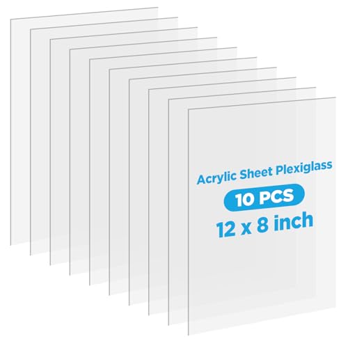 10 Pack Clear Acrylic Sheets, 12x8 Inch 0.08” Thick (2mm) Transparent Plastic Plexi Glass Boards for Laser Engraving Cutting Crafting DIY Projects Display Case Sign