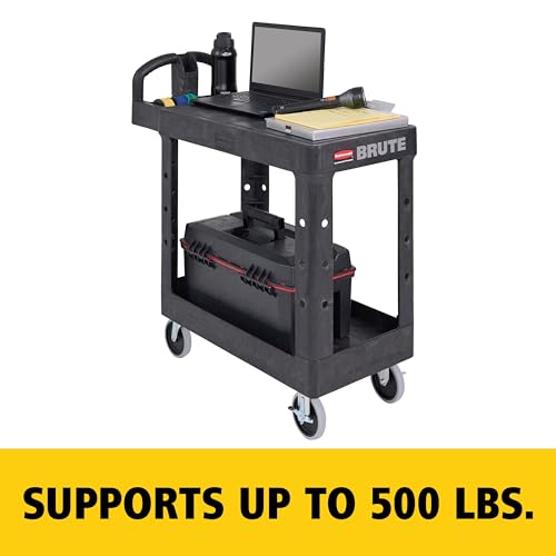 Rubbermaid Commercial Products Heavy Duty 2-Shelf Utility/Service Cart, Small, Flat Shelves, Ergonomic Handle, 500 lbs. Capacity, for Warehouse/Garage/Cleaning/Maintenance - size: Small 2-Shelf, style: Ergonomic Handle