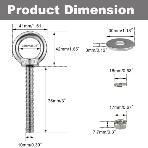M10 x 76mm Stainless Eye Bolt with Nuts 4 Pack, 3/8" x 3 inch Long Shoulder Lifting Ring Eye Bolt for Boat & Hanging, Heavy Duty Marine Grade Threaded Eyebolts for Swing Tie Down Outdoor - size: M10x76mm (3/8"x3")