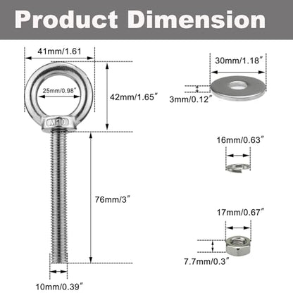 M10 x 76mm Stainless Eye Bolt with Nuts 4 Pack, 3/8" x 3 inch Long Shoulder Lifting Ring Eye Bolt for Boat & Hanging, Heavy Duty Marine Grade Threaded Eyebolts for Swing Tie Down Outdoor - size: M10x76mm (3/8"x3")