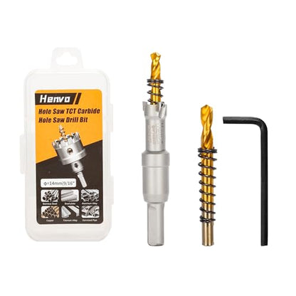 Hole Saw 9/16" (14mm) Heavy Duty Carbide with 2 Pilot Drill Bits - Metal Hole Cutter Cuts Stainless Steel, Iron, Copper, Brass, Plastic - size: 14mm|9/16"