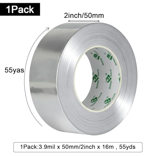 BOMEI PACK Aluminum Foil Tape 3.9Mil x 2inch x 164ft Heavy Duty Metal HVAC Foil Tape,High Temperature Tape Perfect for Sealing, Patching,Air Ducts, Insulation,HVAC and Metal Repair