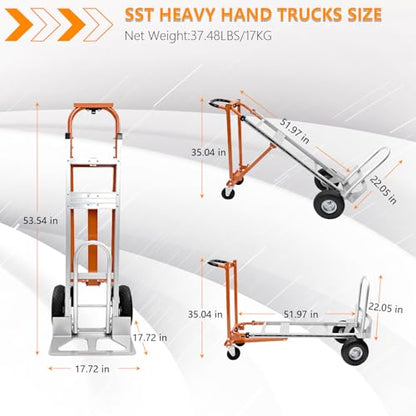 Folding Hand Truck Dolly, 4 in 1 Convertible Aluminum Cart with 1000 lb Static Capacity, 10 in Pneumatic Wheels and 51 in Platform for Warehouse, Construction and Moving - color: Orange