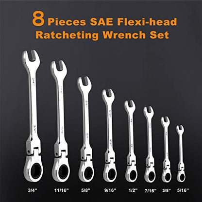 Qnkaa 8pcs Flexible Ratchet Wrenches Set SAE 5/16” to 3/4“ - size: SAE 8pcs