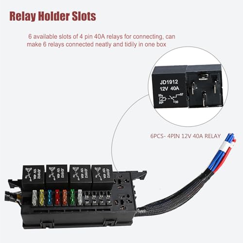 Pre-Wired 12V Fuse Relay Box, 6-Way 4-Pin 40A Automotive Relay Panel with 11 ATC/ATO Blade Fuses and Removal Tweezers, Reinforced Power Distribution Block for Jeep, Truck, RV, Marine - size: RY06F11