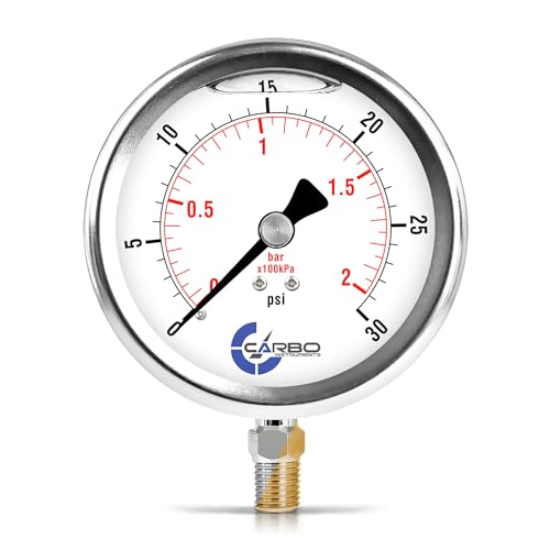 Carbo 30 PSI Liquid Filled Pressure Gauge with NIST Traceable Certificate, Calibrated in USA Lab, 4" Dial, 1/4 NPT Lower Mount, ASME Grade A, 304 SS Case, Brass Wetted Parts, PSI/Bar - size: 0-30 Psi, style: NIST TRACEABLE