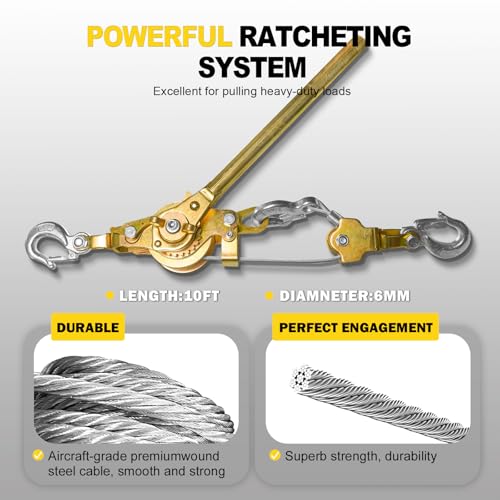 Come Along Winch Puller 3T 10FT, Cable Hoist Winch Puller with 2 Hooks, Come Along Tool Heavy Duty, Ratchet Puller for Lifting Pulling Construction Building - size: 3T-10FT