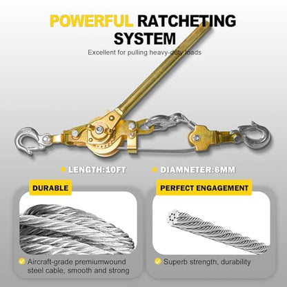 Come Along Winch Puller 3T 10FT, Cable Hoist Winch Puller with 2 Hooks, Come Along Tool Heavy Duty, Ratchet Puller for Lifting Pulling Construction Building - size: 3T-10FT
