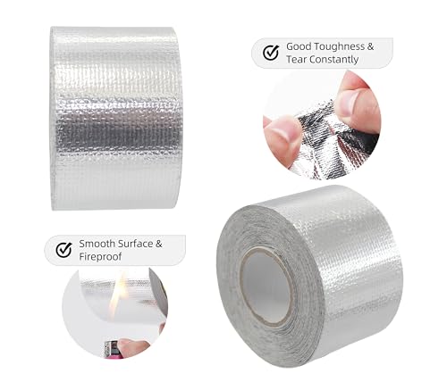 2 Rolls Fireproof Self-Adhesive Heat Shield Tape, Fiberglass Heat Resistant Tape High Temperature Reflective Silver Foil Tape Tear-Resistant for Automotive, HVAC, and Indus. Use (1.5inch*14.76ft)