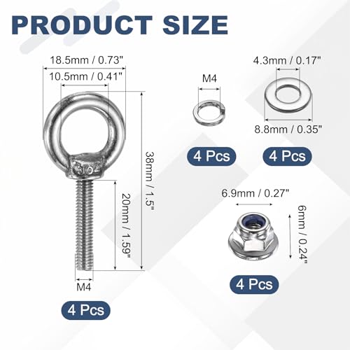 PATIKIL M4 x 20mm Shoulder Eye Bolt, 4 Pcs 304 Stainless Steel Lifting Ring Threaded Eye Bolt with Flange Lock Nuts Spring and Flat Washers for Hanging Tie Down Straps Outdoor Indoor - size: M4 x 20mm