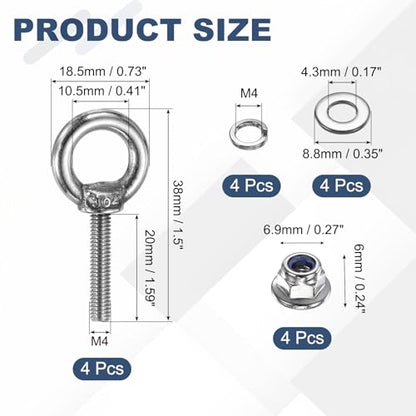PATIKIL M4 x 20mm Shoulder Eye Bolt, 4 Pcs 304 Stainless Steel Lifting Ring Threaded Eye Bolt with Flange Lock Nuts Spring and Flat Washers for Hanging Tie Down Straps Outdoor Indoor - size: M4 x 20mm