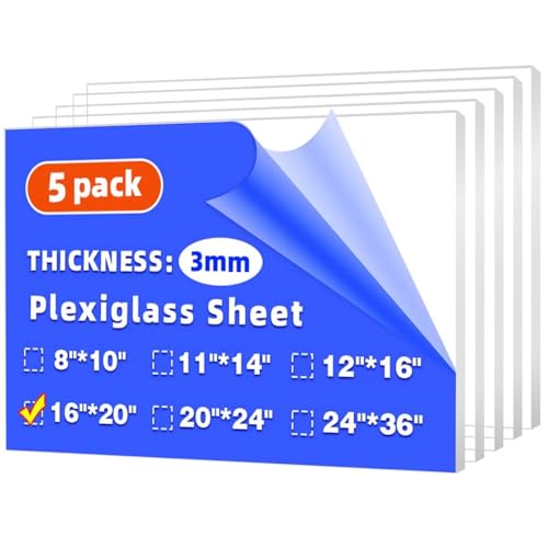 (5 Pack) 16" x 20" Clear Plexiglass Sheets 1/8 inch Thick (3mm) - size: 16" x 20" (5 pack), style: 3mm Thick (1/8")