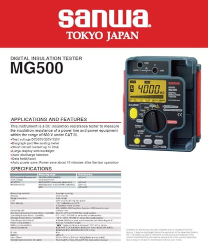 Japan Sanwa MG5000 MG1000 MG500 M53 High-Voltage Digital Insulation Resistance Tester 5000V/1000V/500V/500V Display Megohmmeter Electronic Insulation Testers(MG500) - size: MG500