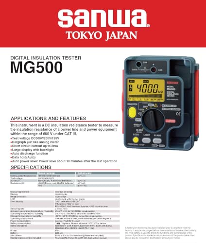 Japan Sanwa MG5000 MG1000 MG500 M53 High-Voltage Digital Insulation Resistance Tester 5000V/1000V/500V/500V Display Megohmmeter Electronic Insulation Testers(MG500) - size: MG500