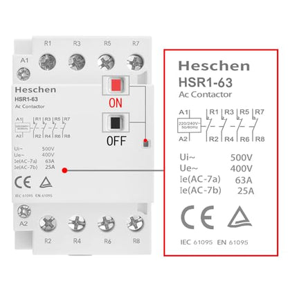 Heschen Household AC Contactor HSR1-63 4 Pole Four Normally Closed 220V/240V Coil Voltage 35mm DIN Rail Mount