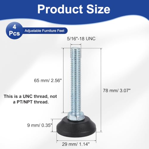 uxcell 5/16"-18 Thread Furniture Feet Levelers, 4Pcs 65mm l Adjustable Furniture Feet Screw in Threaded Leveling Leg Screw on Chair Foot Glides Leveling for Table Chair Cabinet Black - size: 5/16"-18 65mm