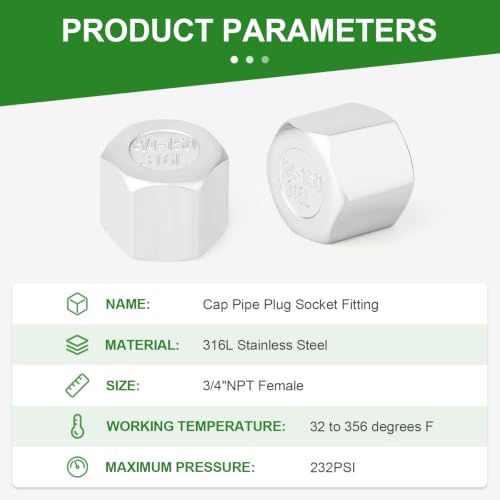 TAISHER 5Pcs 316 SS Hex Pipe Cap, 3/4" Female NPT Thread Pipe Fitting - size: 3/4"FNPT(316 Cap)