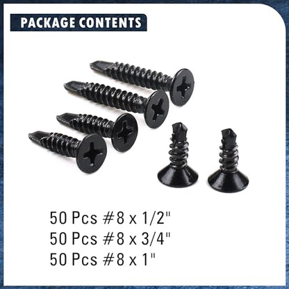 410 Stainless Steel #8 Self Drilling TEK Screw Assortment Kit, Flat Head Self Tapping Sheet Metal Screws, Length 1/2" 3/4" 1" 150 PCS - Black Oxide - size: #8 Flat Head