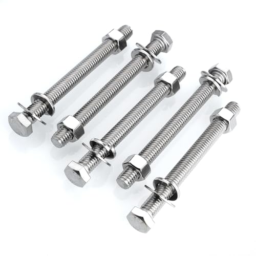 Mywish (5 Sets) 3/8-16x4 Hex Head Assorted Screws Nuts and Bolts with Flat & Lock Washers, 304 Stainless Steel 18-8, Fully Threaded, 3/8 Bolt Metric Bolt Assortment - size: 3/8-16 x 4 (5 set)