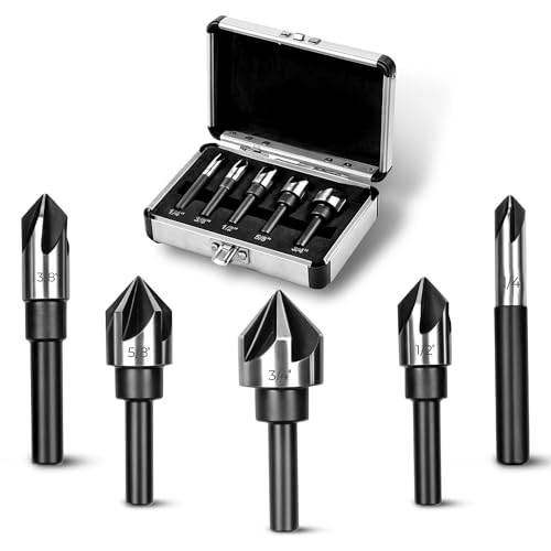 AV Steel Countersink Drill Bit Set, Countersink Bit, HSS4241 Counter Sink, 82 Degree Countersink 1/4'' 3/8'' 1/2'' 5/8'' 3/4'', 5 Flute Pcs for Wood, Plywood, Plastic, Mild Steel with Aluminum Case