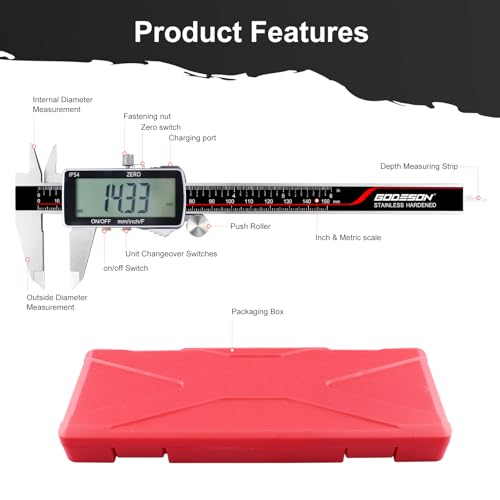 Digital Caliper, Rechargeable Digital Micrometer-IP54 Waterproof, Stainless Steel & Large LCD Screen Caliper Measuring Tool-Inch/Metric/Fraction,6" Calipers-Auto Off for Pros & DIYers - size: 6"-Micro-B