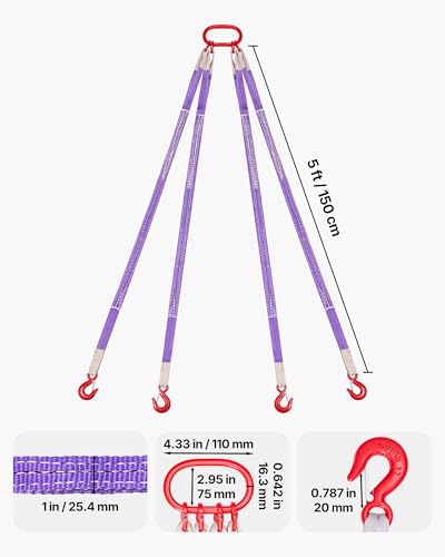 VEVOR Lifting Sling Straps with Hooks, Polyester Bridle Sling, 6600LB Capacity, Four Leg 5Ft Heavy Duty Rigging Strap, Thickened & Wear-Resistant Webbing Slings for Engines Cranes Hoists Truck - size: 71 x 5 x 2.4 in