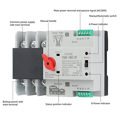 YCQ4-100E/3P Dual Power Automatic Transfer Switch 220V AC 8kA Din Rail ATS Switches Uninterrupted Power 63A 100A (Color : 3P, Size : 100A) - size: 100A