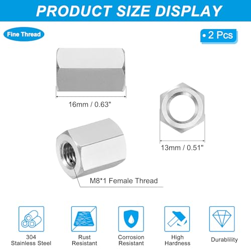 PATIKIL M8x1 Pitch 304 Stainless Steel Hex Coupling Nuts, 2 Pcs 16mm / 0.63" Length Fully Threaded Rod Coupling Nut Studding Connector Fasteners, Silver Tone - size: M8-1 x 16mm