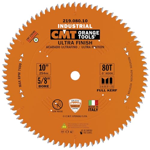 CMT Orange Tools 219.080.10 - Sliding Compound Miter Saw Blade HW D=10 B=5/8 Z80 K=0.122 P=0.100 a=-5 - size: D 10-Inch | T 80 | B 5/8-Inch