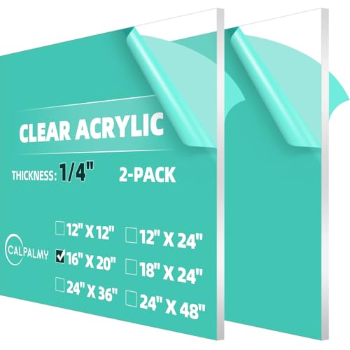 CALPALMY (2 Pack) 1/4" Thick Clear Acrylic Sheets - 16 x 20 Pre-Cut Plexiglass Sheets for Craft Projects, Signs, Display Cases, Sneeze Guard, and More - Cut with Engraver, Power Saw or Hand Tools - color: Clear, size: 16x20", 1/4" Thick