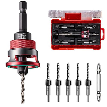9Pcs Countersink Drill Bit Set,5PCS Two-Flute TCT Alloy Tapered Drill Bits,Adjustable Depth Stop Collar,1/8 9/64" 5/32" Drill+3/8”82°Counter-Bore,11/64"3/16" Drill+1/2" 82°Counter Bore,1/4” Hex Shank - size: 9pcs