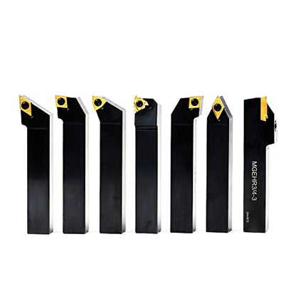 Indexable Lathe Turning Tool-3/4" Shank 7 Pieces Carbide Turning Tool Set,CNC Heavy-Duty Metal Lathe Cutting Tools for Turning Grooving Threading Cutting with Tin Coated Carbide Inserts